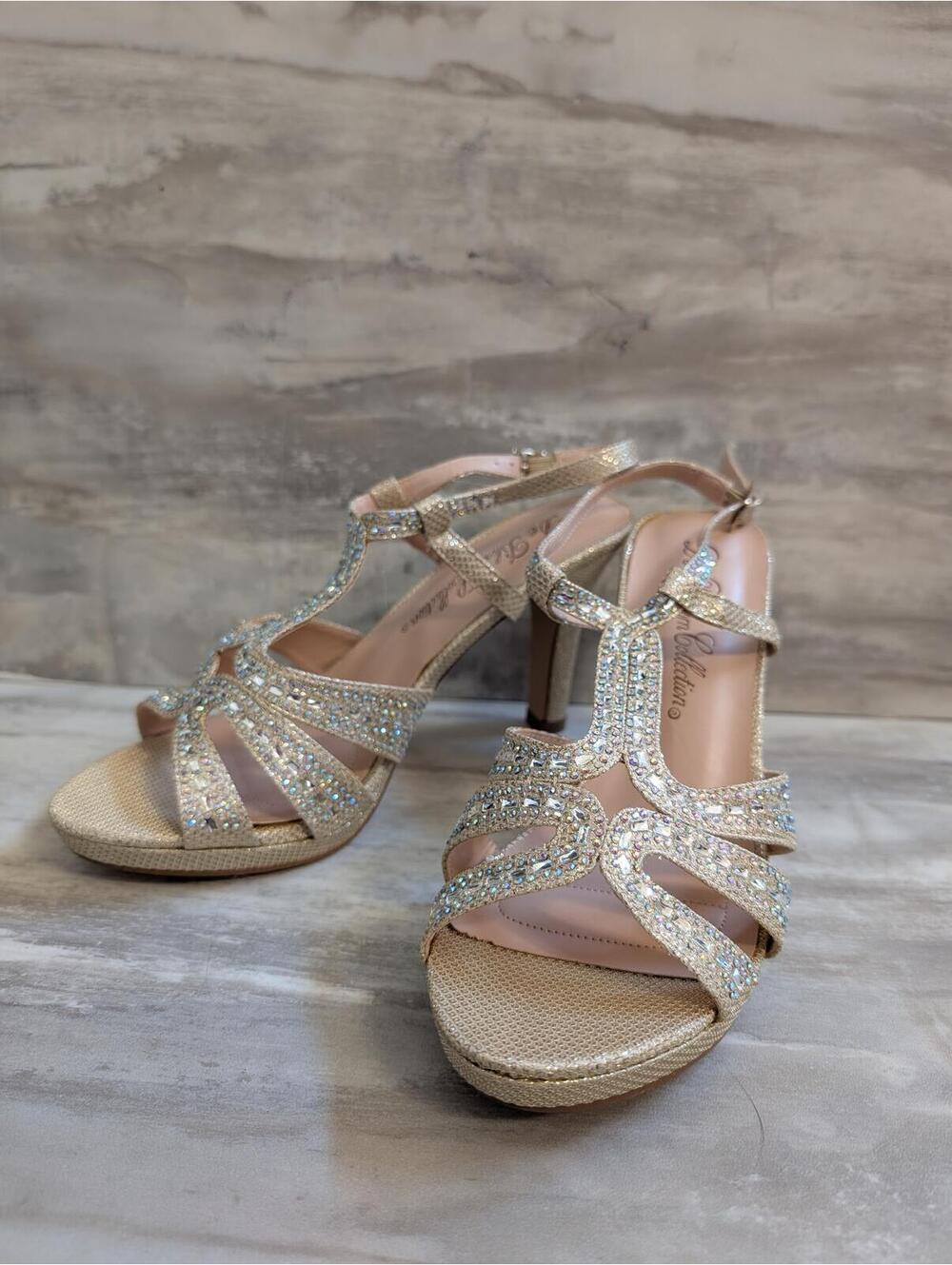 De Blossom Collection Women's Gold Rhinestone Embellished High Heel Sandals 7.5